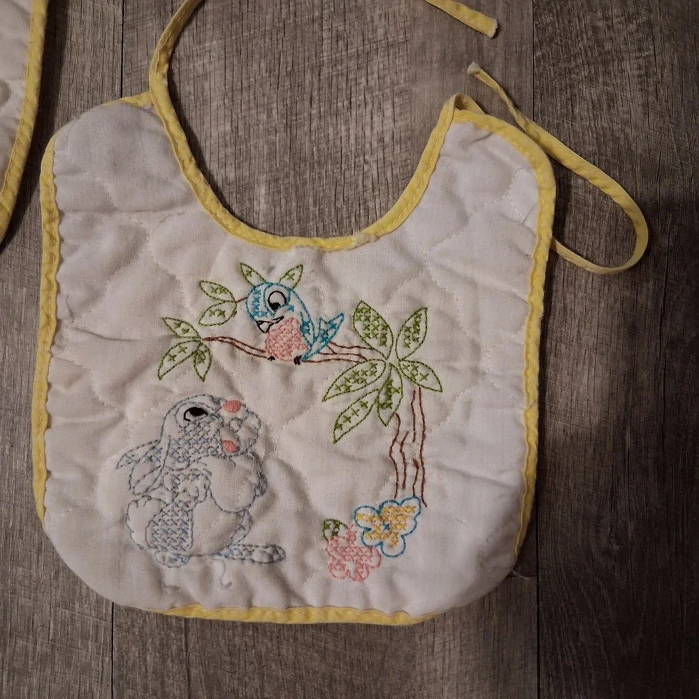 Vtg Disney Embroidered Cross-stitch Baby Bibs-Bambi Thumper Squirrel Lot Of‎ 3